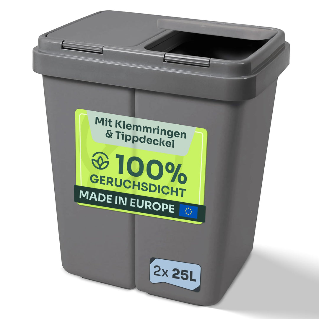 Gardissimo Duo Bin Müllbehälter grau inkl. 2 Ersatzfedern mit Deckel 2 x ca. 25 Liter, Kunststoff Mü