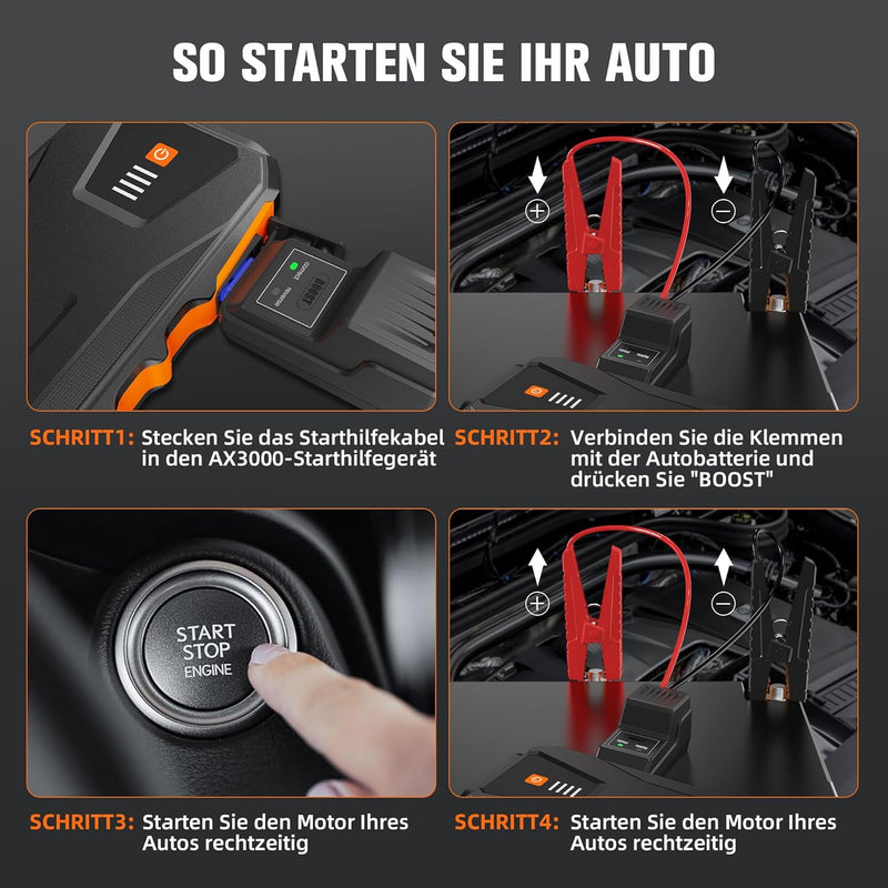 ASPERX Starthilfe Powerbank 3000A 12V(Bis Zu 10,0L Benzin oder 8,0L Diesel) Auto Starthilfe mit LED