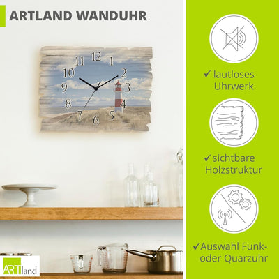 ARTLAND Wanduhr ohne Tickgeräusche aus Holz Quarzuhr 40x30 cm Rechteckig Lautlos Strand Meer Leuchtt