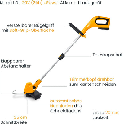 STIGA Rasentrimmer GT 100e Akku-Kit, Für die Gartenpflege, Schnittbreite 25 cm, 20 V (2 Ah) ePower A
