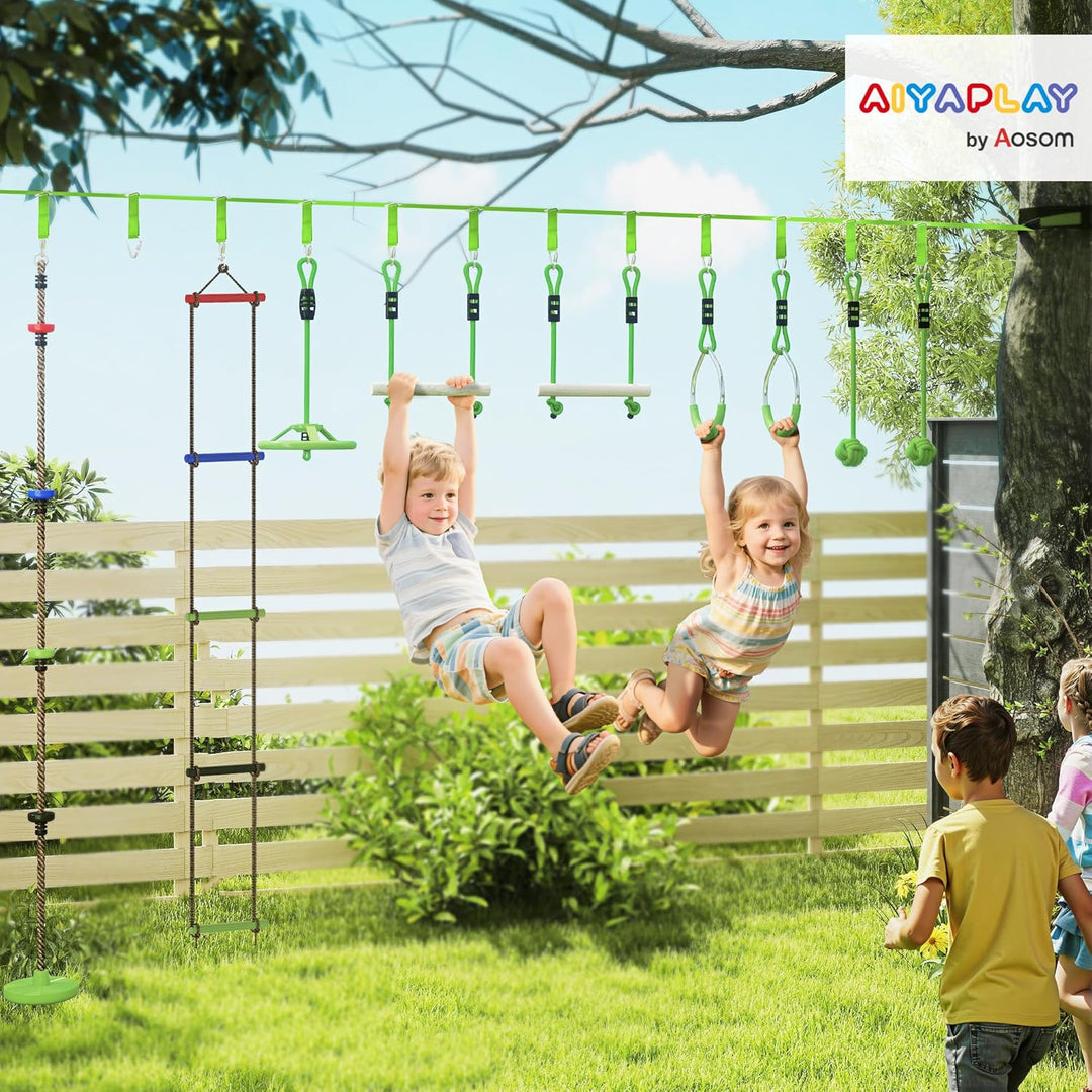 AIYAPLAY Ninja Slackline 10 m für Kinder Ninja Warrior Hindernisparcours Set mit Slackline Turnringe