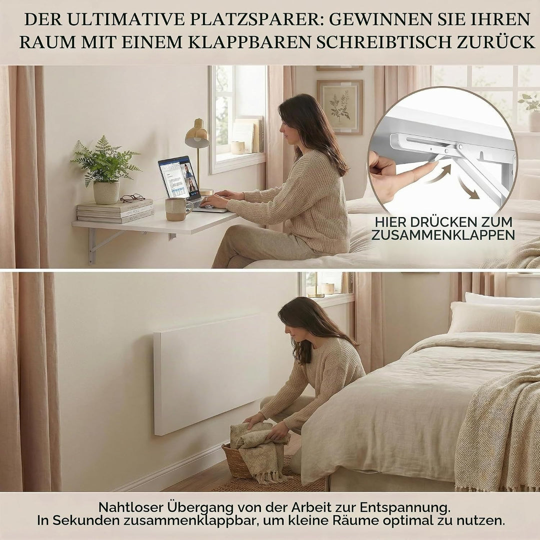 Wandklapptisch 100x60 cm,Weiss,Platzsparender Klapptisch Wandmontage,Schreibtisch Werkbank Klappbar