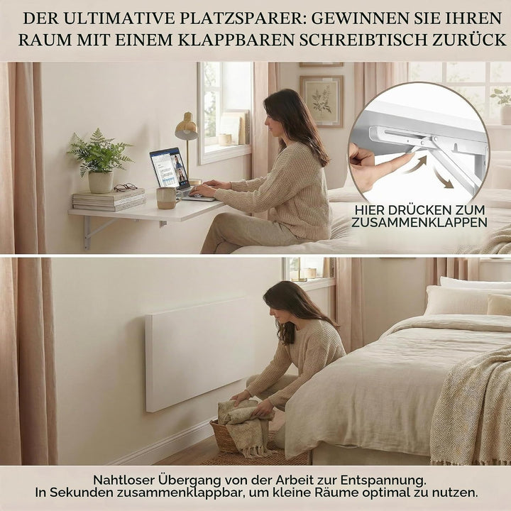 Wandklapptisch 100x60 cm,Weiss,Platzsparender Klapptisch Wandmontage,Schreibtisch Werkbank Klappbar