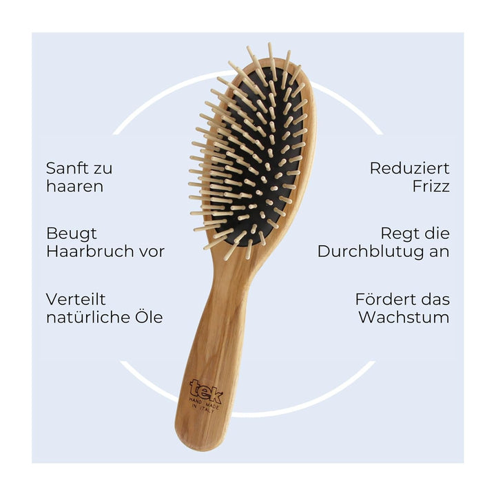 TEK - Grosse ovale Eschenholzbürste, handgefertigt in Italien, mit kurzen Zähnen, universell für all