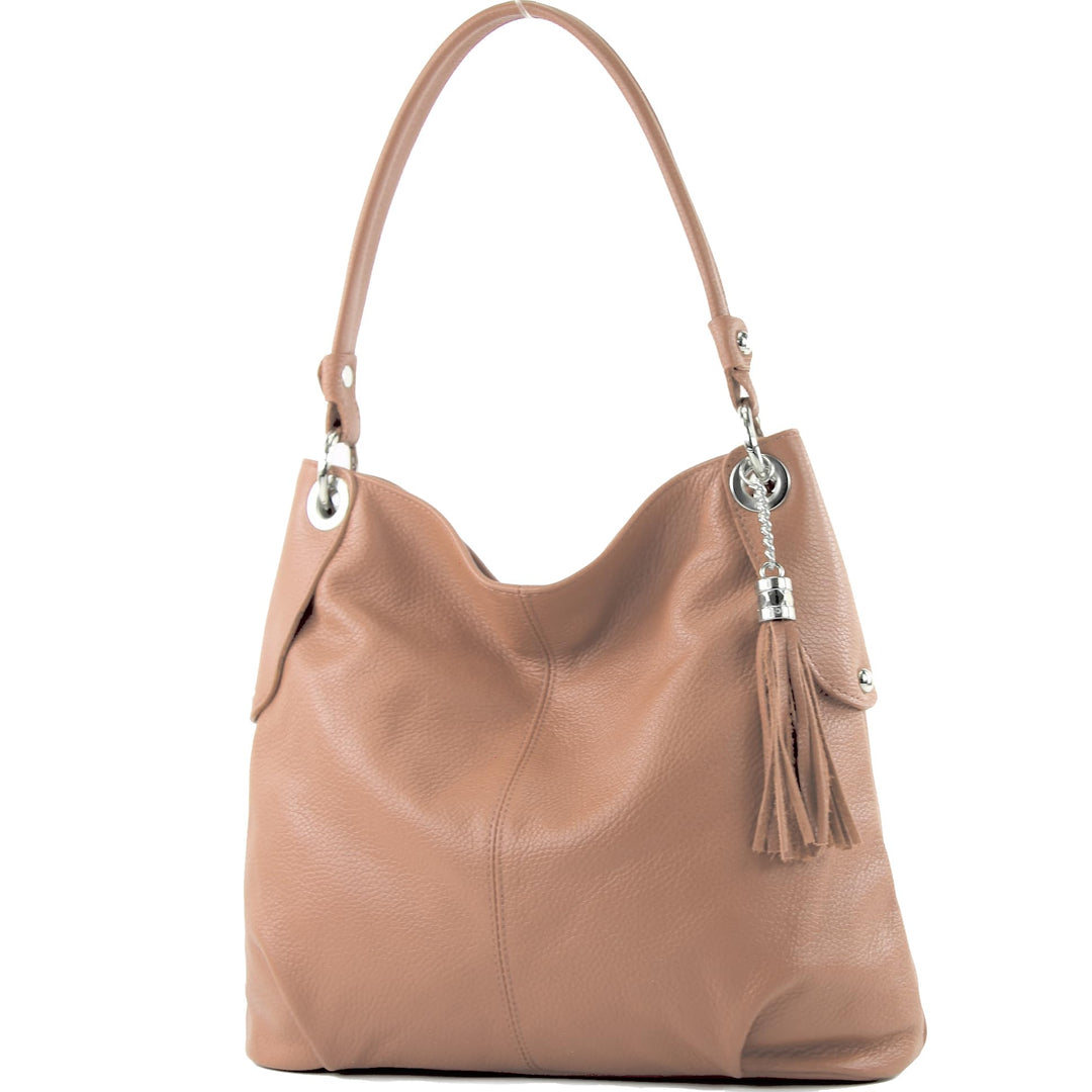 modamoda de - T185 - ital. Damen Schultertasche aus Leder Beige, Beige