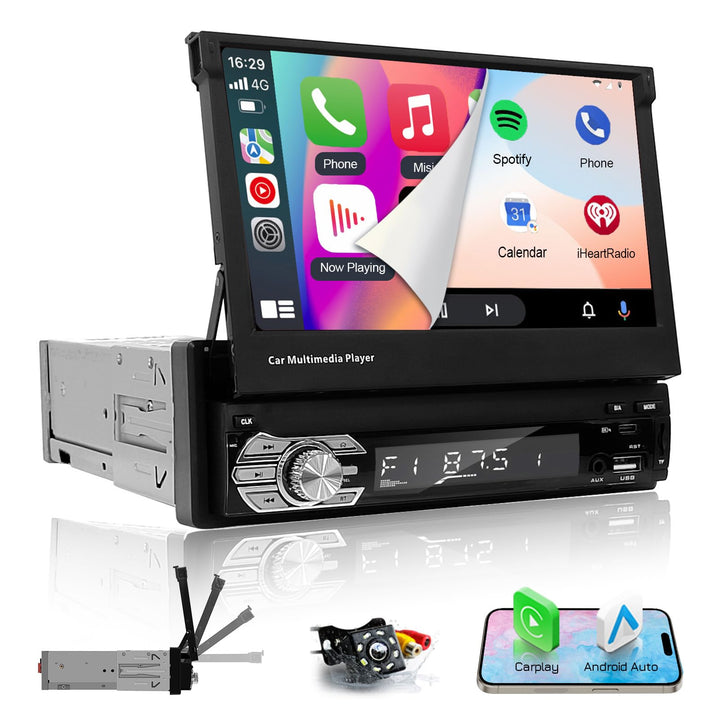 EZoneTronics 7 Zoll Autoradio Flip 1DIN Auto Stereo Play Telefon Musik über USB AM/FM Radio Bluetoot