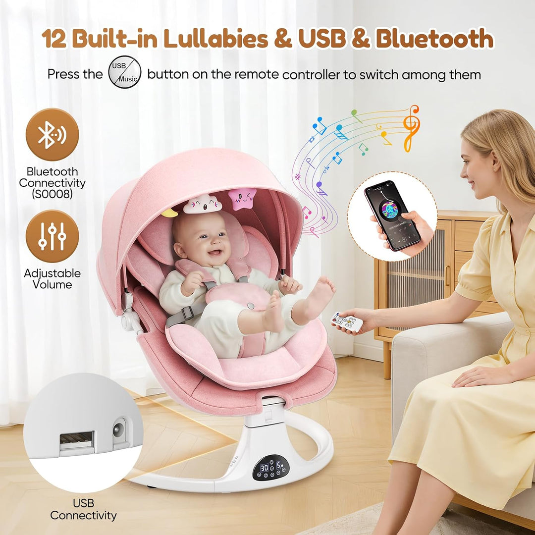 Verstellbare Rückenlehne Babyschaukel, Bluetooth Elektrisch Babywippe Mit Abnehmbares Kissen und Abn