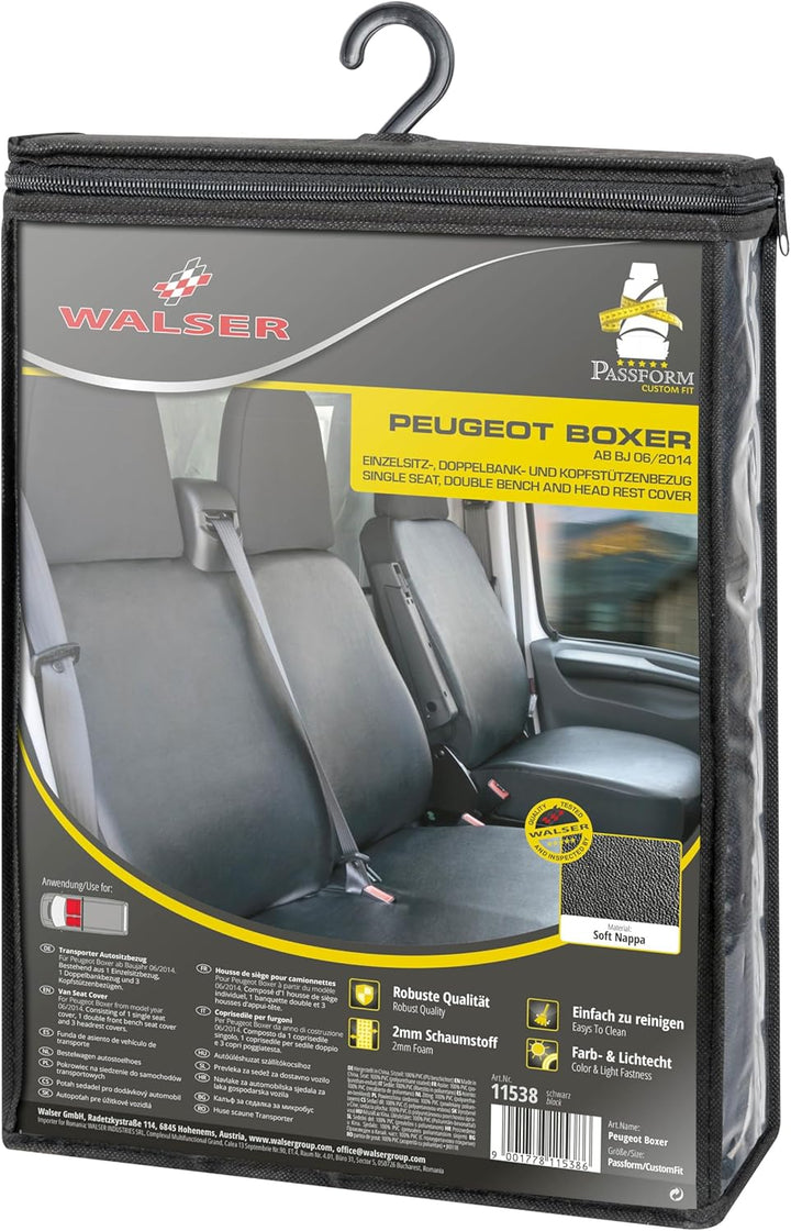 Walser Transporter Sitzbezüge Auto kompatibel mit Peugeot Boxer, Einzelsitz Armlehne innen/Doppelban