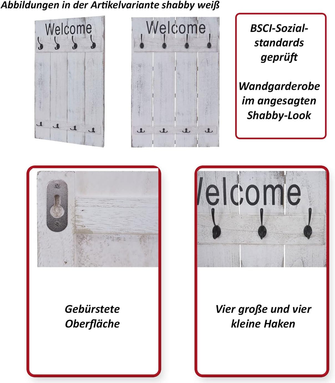 Mendler Wandgarderobe HWC-C89AM Welcome, Garderobe Garderobenpaneel, Shabby-Look Vintage, 91x60cm -