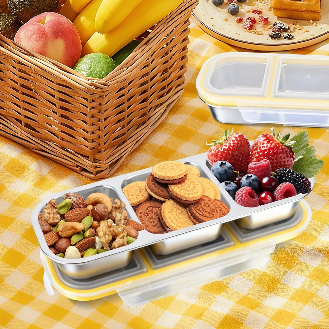 Snackbox mit Fächern, 2 Stück Edelstahl Snackbox Kinder mit 3 Fächern, BPA-frei Brotdose Kinder für