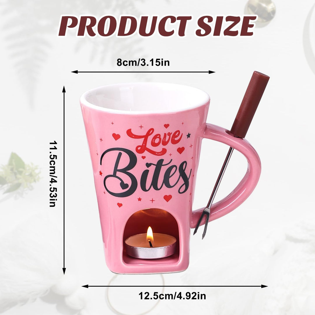 Keramik Schokofondue Tasse Set, 200ml Schoko Fondue Cup, Rosa Schokofondue Tasse mit Gabel und Teeli