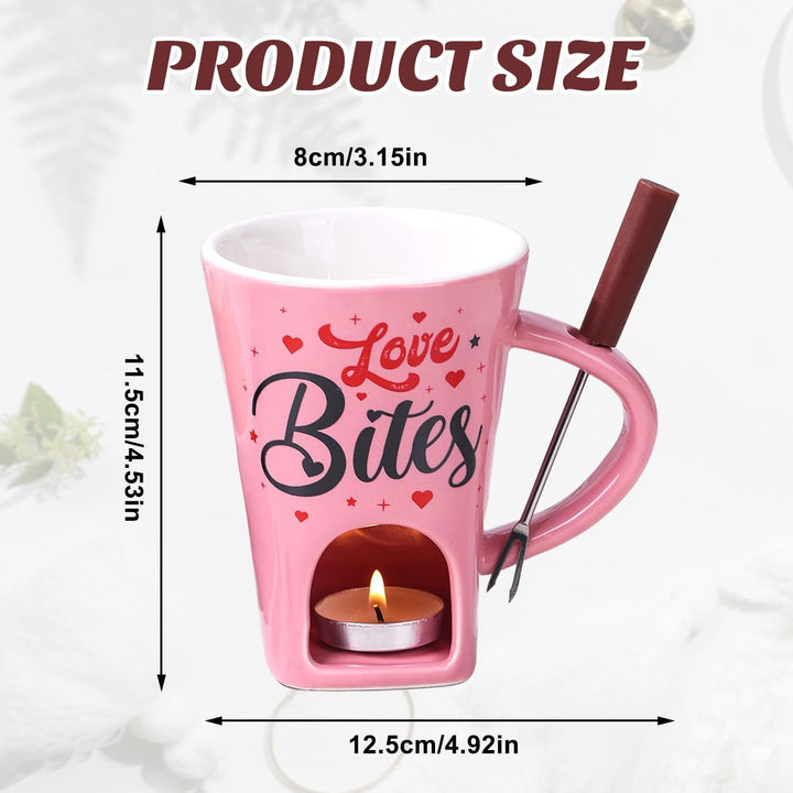 Keramik Schokofondue Tasse Set, 200ml Schoko Fondue Cup, Rosa Schokofondue Tasse mit Gabel und Teeli