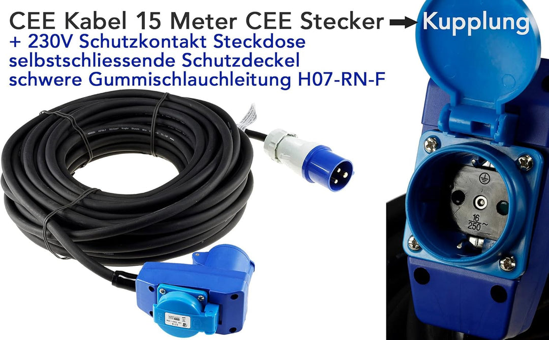 ChiliTec CEE Verlängerungskabel 15 Meter Stecker auf Winkelkupplung | 90° IP44, H07RN-F 3G2,5, 230V