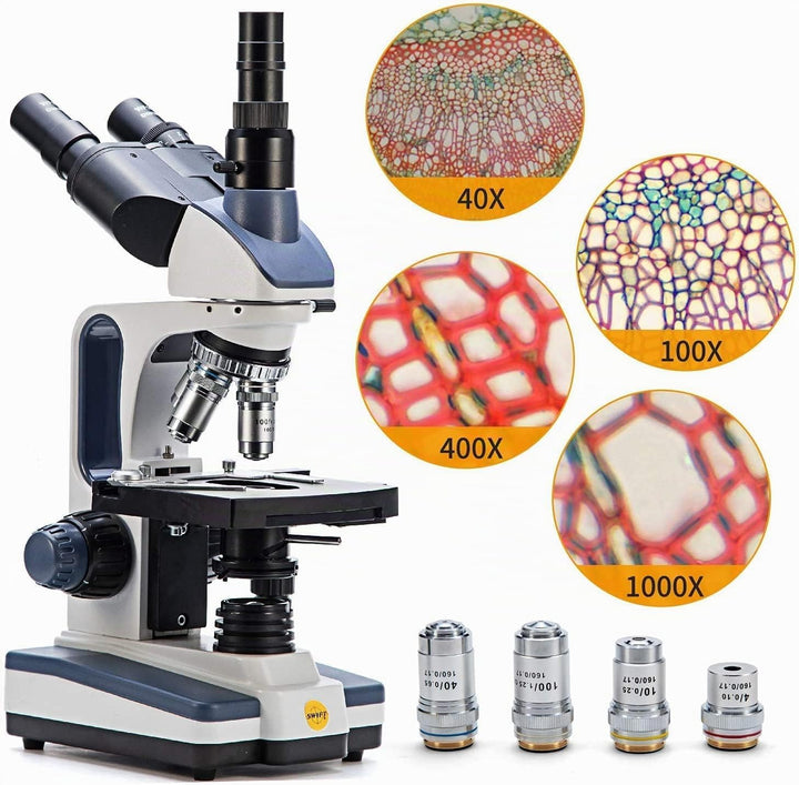 Swift SW350T Composite Trinocular Microscope, 40-2500X Magnification, Dual Layer Mechanical Stage, w
