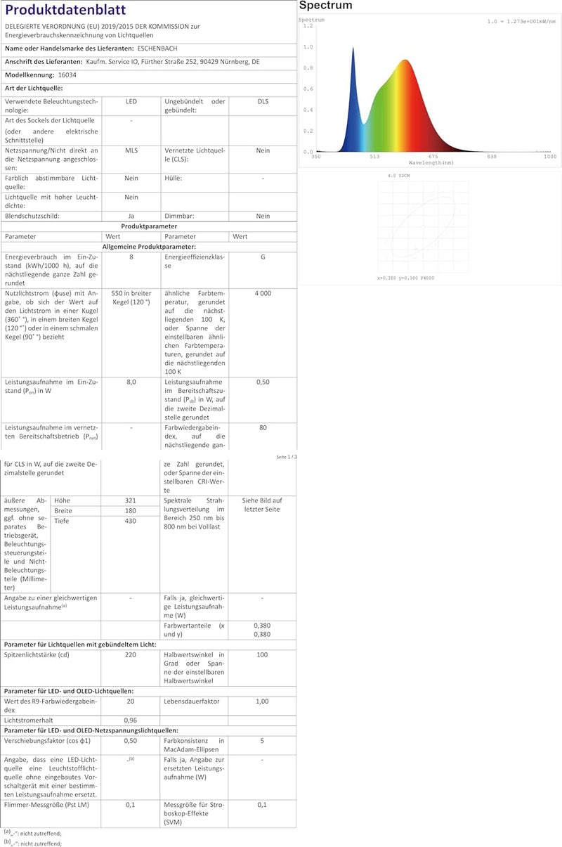 Eschenbach 16034 - Tischleuchte pure visionLED, Farbtemperatur 5000 K, Beleuchtungsstärke ca. 2400 l