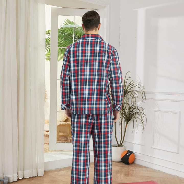 Vulcanodon Pyjama Herren 100% Baumwolle Schlafanzug lang Set kariert mit Knopfleiste weiche Nachtwäs