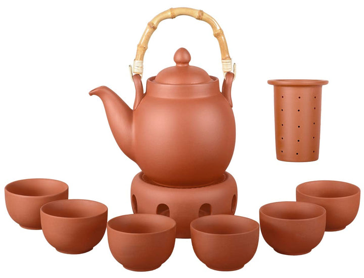 Ton Teeservice Tenno 8-teilig. Bestehend aus Ton Teekanne 1,1 Liter, Stövchen und 6 Tontassen. Handg