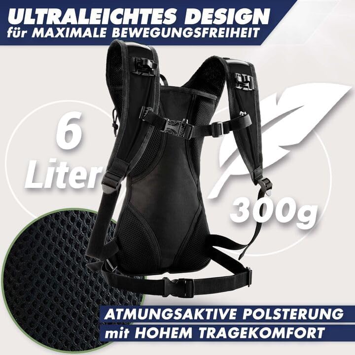 SASMO® Laufrucksack 6L (Schwarz) mit Thermofach | Lauf Rucksack - Ultraleicht 300g | Laufrucksack Da