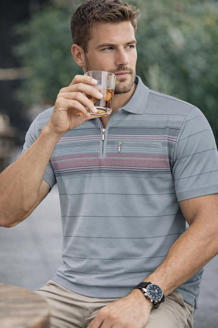 Soltice Poloshirts Herren Kurzarm, Gestreifte Polohemden mit Brusttasche, Blousonshirts aus Baumwoll