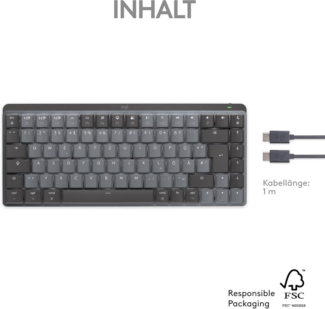 Logitech MX Mechanical Mini für Mac, Kabellose Tastatur mit Beleuchtung, Flache Tasten, Taktile leis