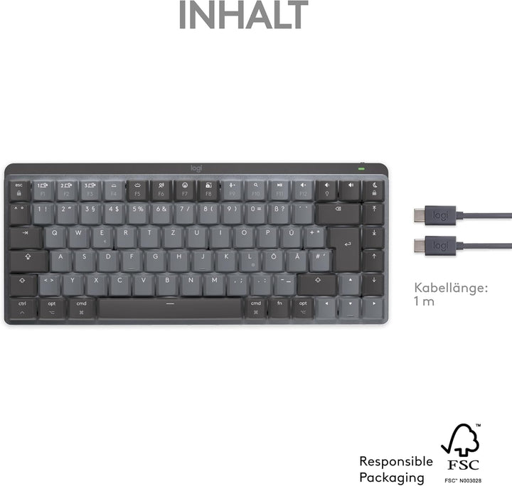 Logitech MX Mechanical Mini für Mac, Kabellose Tastatur mit Beleuchtung, Flache Tasten, Taktile leis