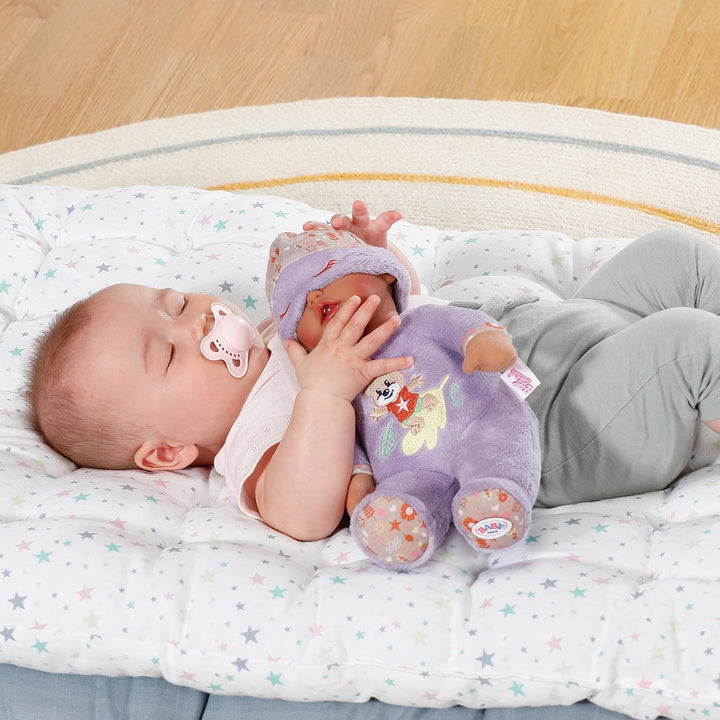 BABY born Sleepy for babies 30cm, weiche Stoffpuppe in lila mit herunterziehbarer Mütze und integrie