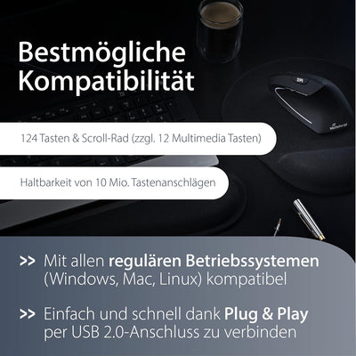 MediaRange Ergonomische Tastatur, kabelgebundene Multimedia-Tastatur mit 124 Tasten und Scroll-Rad,