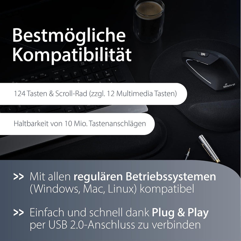 MediaRange Ergonomische Tastatur, kabelgebundene Multimedia-Tastatur mit 124 Tasten und Scroll-Rad,