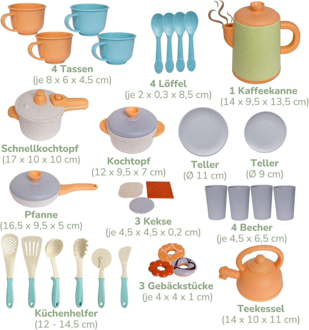 alldoro 68726 Kaffeeservice mit Koch- & Geschirrset für Kinderküchen, 21 Teile aus nachhaltigem Kuns