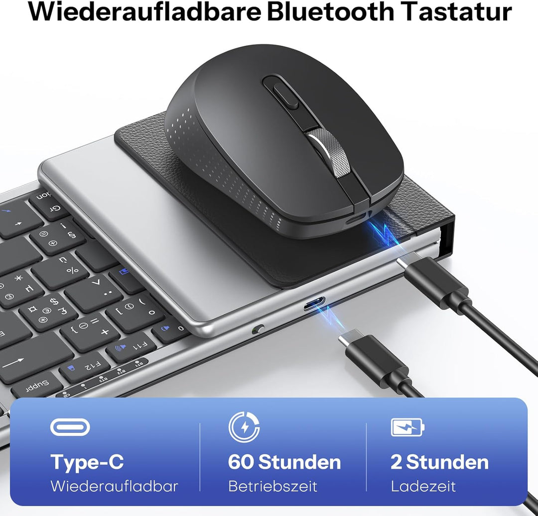 OMOTON Faltbare Tastatur und Maus Kabellose mit Ziffernblock, Bluetooth Tastatur mit Maus Wiederaufl