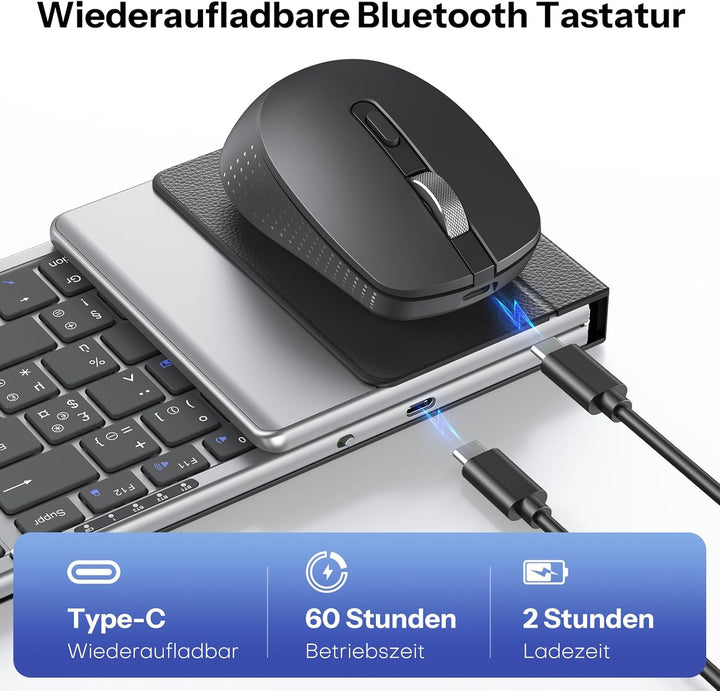 OMOTON Faltbare Tastatur und Maus Kabellose mit Ziffernblock, Bluetooth Tastatur mit Maus Wiederaufl