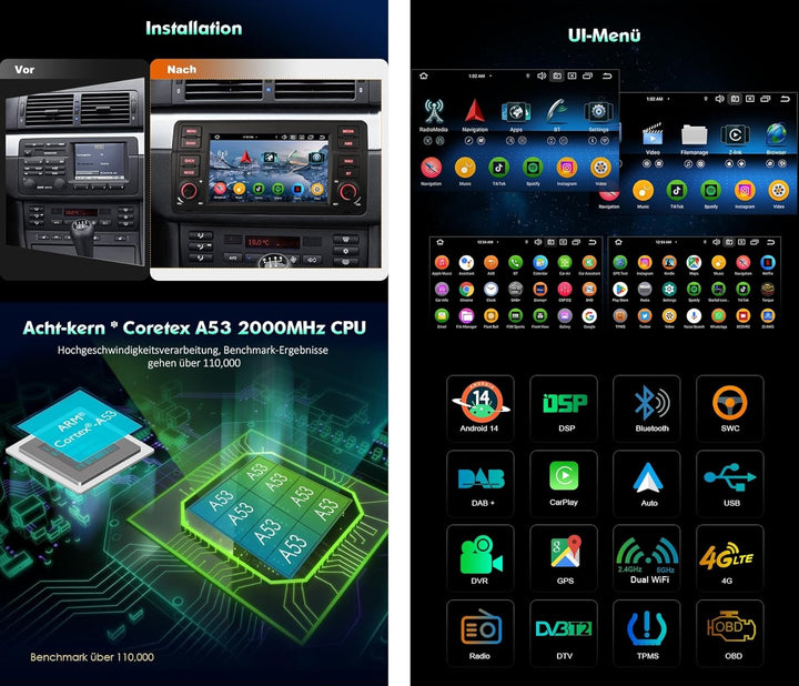 Erisin Android 16 4GB+64GB 8-Kern Autoradio GPS Navigation für BMW 3er M3 E46 318 320 Rover 75 MG ZT