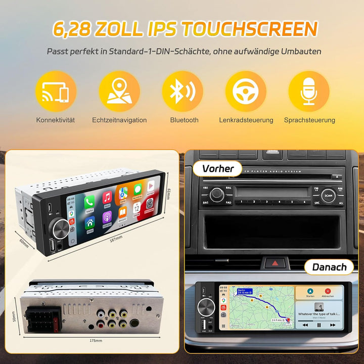 1DIN Bluetooth Autoradio mit Bildschirm, CarPlay &amp; Android Auto, Rückfahrkamera, Navi, FM, 6,28 Zoll