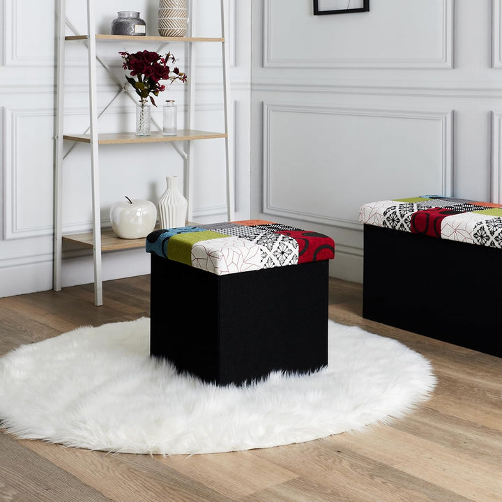 Home Deco Factory HD6506 Hocker mit Aufbewahrungsbox, zusammenlegbar, Patchwork-Design, zum Sitzen,