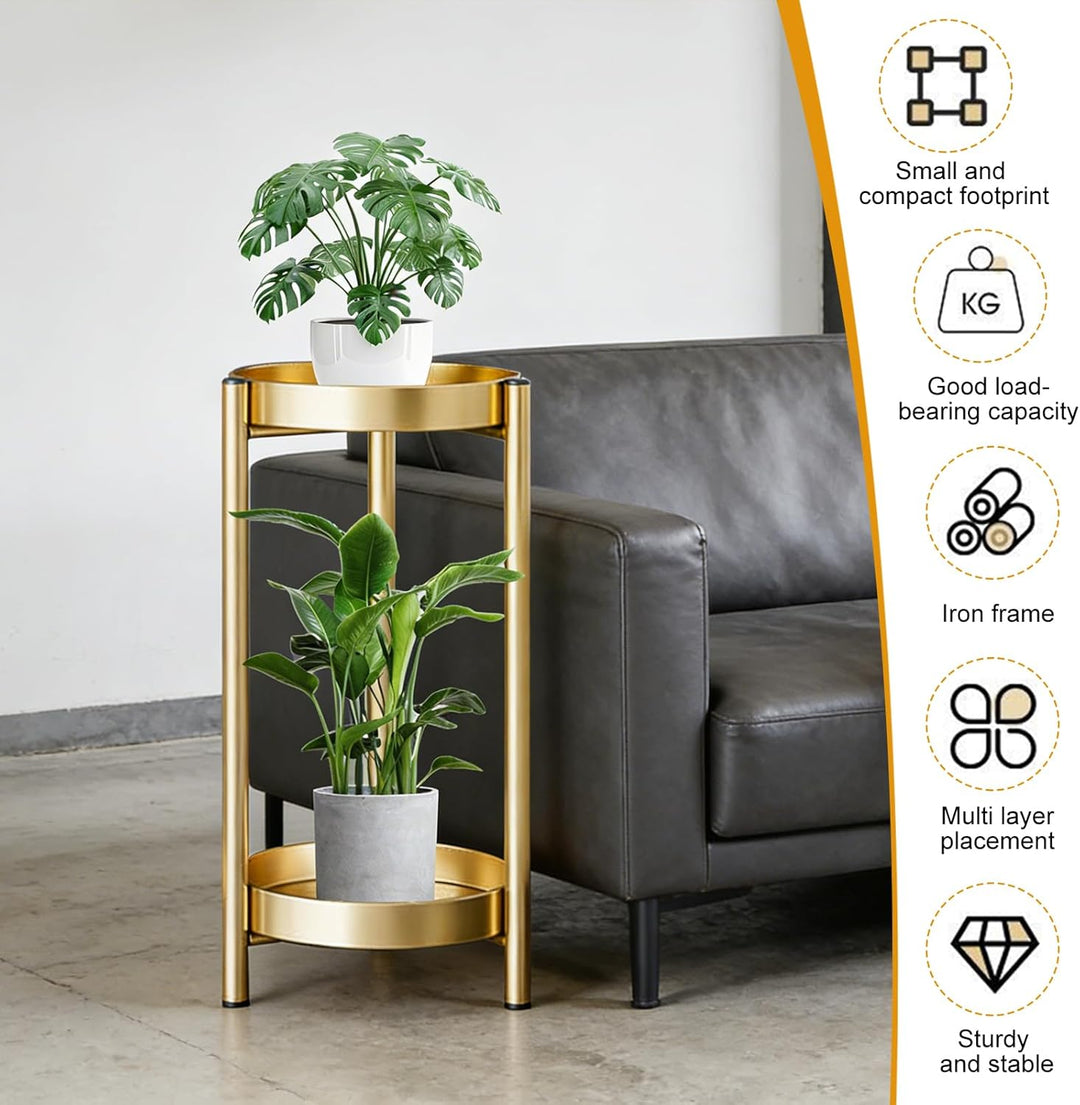 Pflanzenständer Metall 2-Stöckig Blumenständer Gold, Pflanzentisch 60cm | Runder Blumentopfregal für