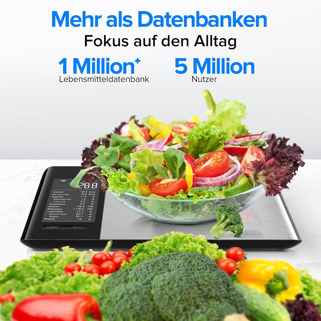Belife Küchenwaage digital mit Nährwertberechnung, Ernährungswaage App verfolgt 19 Nährstoffe, Kalor