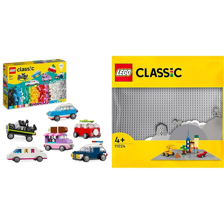 LEGO Classic Kreative Fahrzeuge, Bausteine-Set für Bunte Modellautos inkl. LKW &amp; Classic Graue Baupl