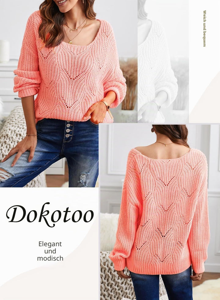 Dokotoo Damen Strickpullover Elegant Rundhals Pullover Herbst Winter Einfarbiger Pulli Oberteil Swea