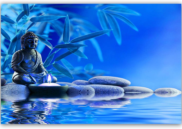 Feeby Leinwandbild Buddha 5 TLG Bild Kunstdruck Wasser Steine Blätter blau 100x70 cm Leinwandbild 10