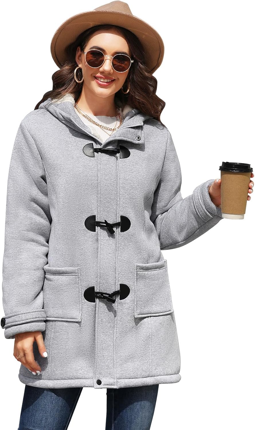 Yuson Girl Winterjacke Damen Fleecejacke Lang Wintermantel Warm Hornknopfjacke Einfarbig Kapuzenpull