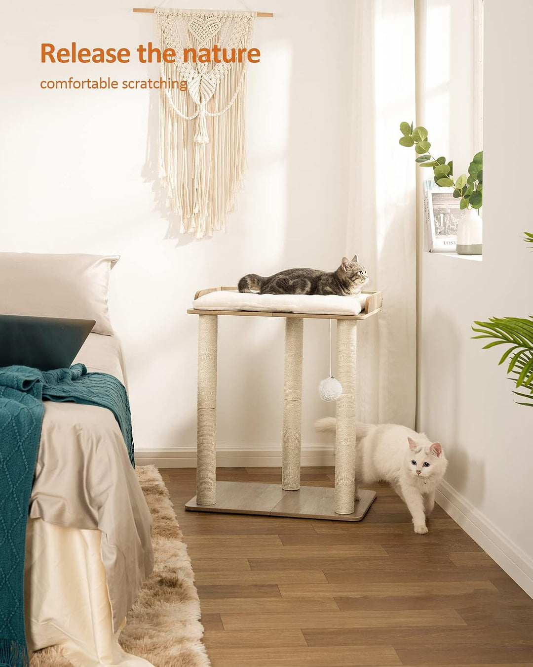 FourFurPets Kratzbaum, 68 cm hoch, Katzenbaum,mit DREI 60 cm Voll Sisal Kratzsäulen, 56 x 40 cm gros