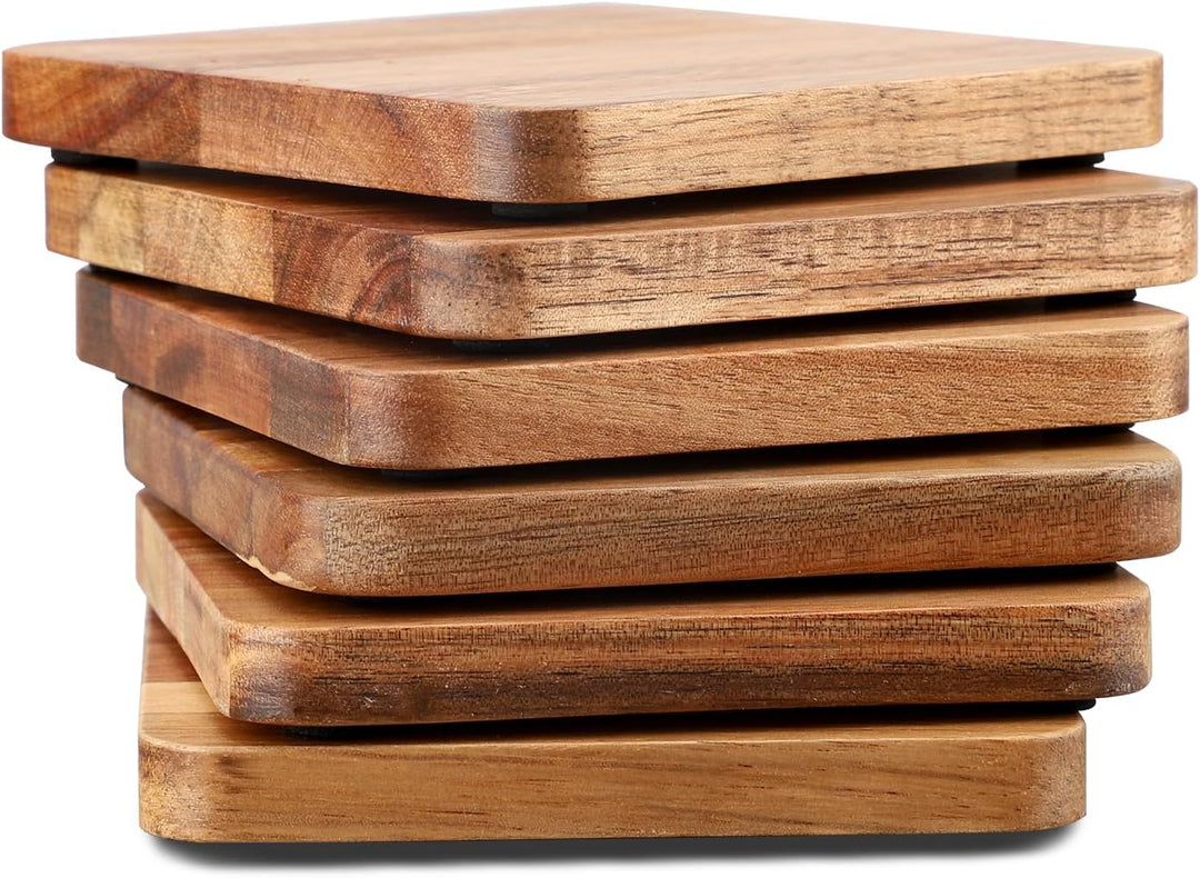 Untersetzer Gläser Holz 6er Set, Untersetzer aus Akazienholz mit Halter, Glasuntersetzer Holz eckig,