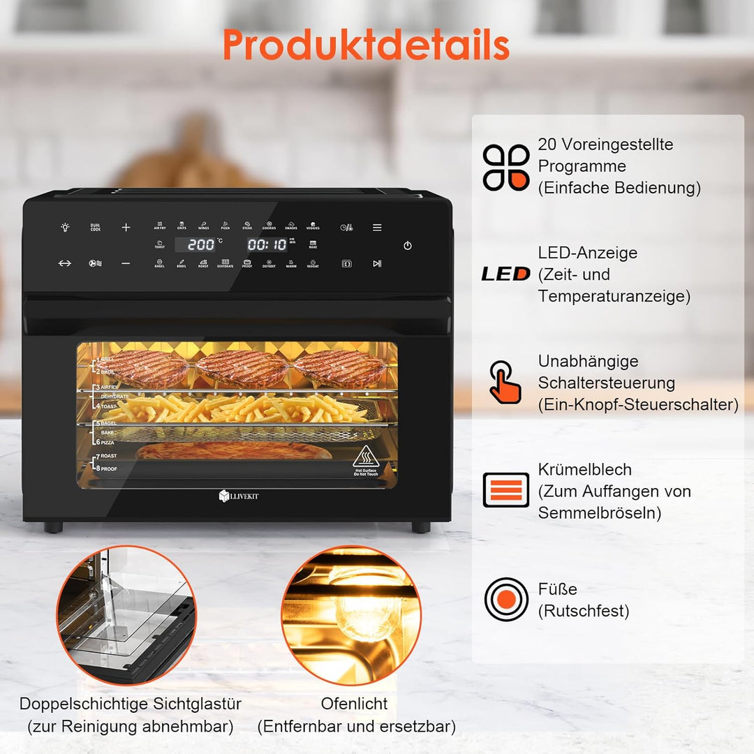 LLIVEKIT 30L Heissluftfritteuse XXL, Minibackofen Umluft mit 20 Programme und 9 Zubehör, Mini Backof
