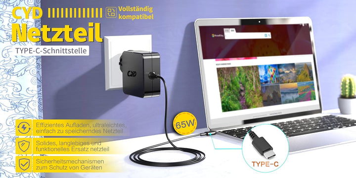 CYD 65W USB C Notebook Netzteil für Ladekabel-Lenovo X280 X380 L390 E480 E490 E580 E590 E495 R480 S1