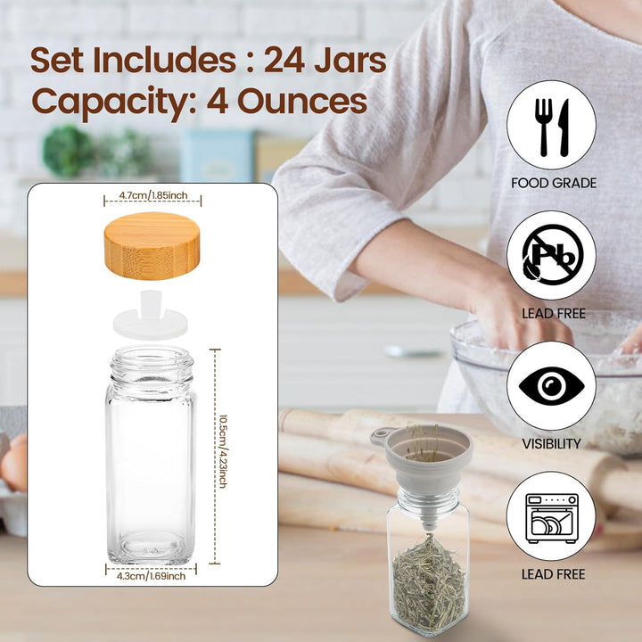 Lannvan Gewürzgläser Eckig Set [24 x 120ml] mit Bambus Deckel, Gewürzdosen mit 246 Etiketten, Gewürz