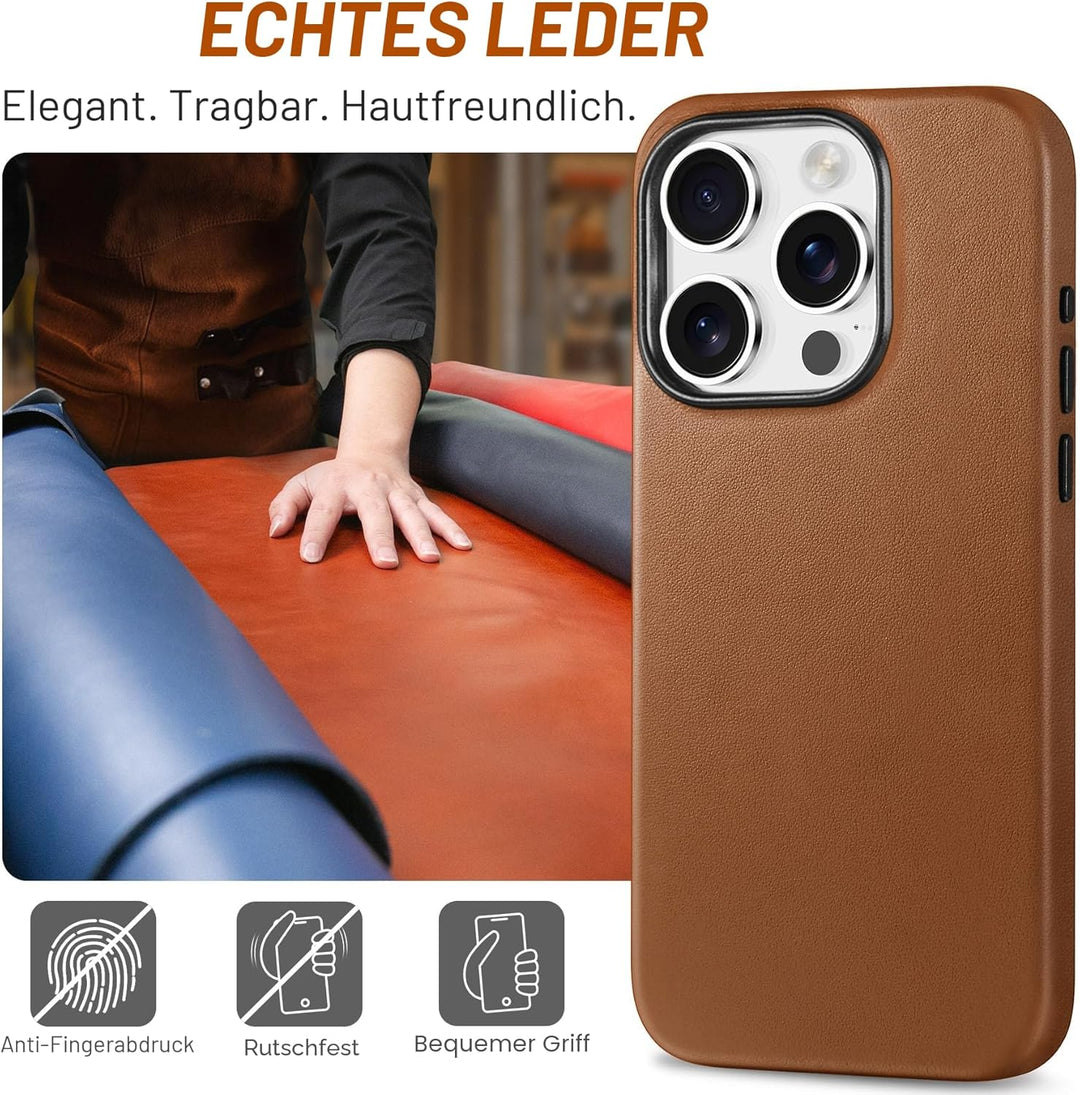 SHIELDON Hülle für iPhone 15 Pro Handyhülle Case [Echtleder] [Kabellos Laden] [Magnet] [Ultra Dünn]