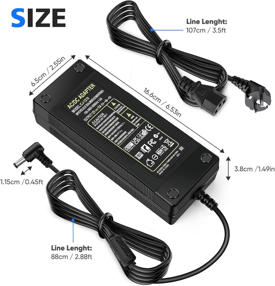 120W Netzteil 12V 10A mit DC Stromanschlüsse, AC 100-240V auf 12 V DC LED Driver Adapter, 5.5 x 2.5m