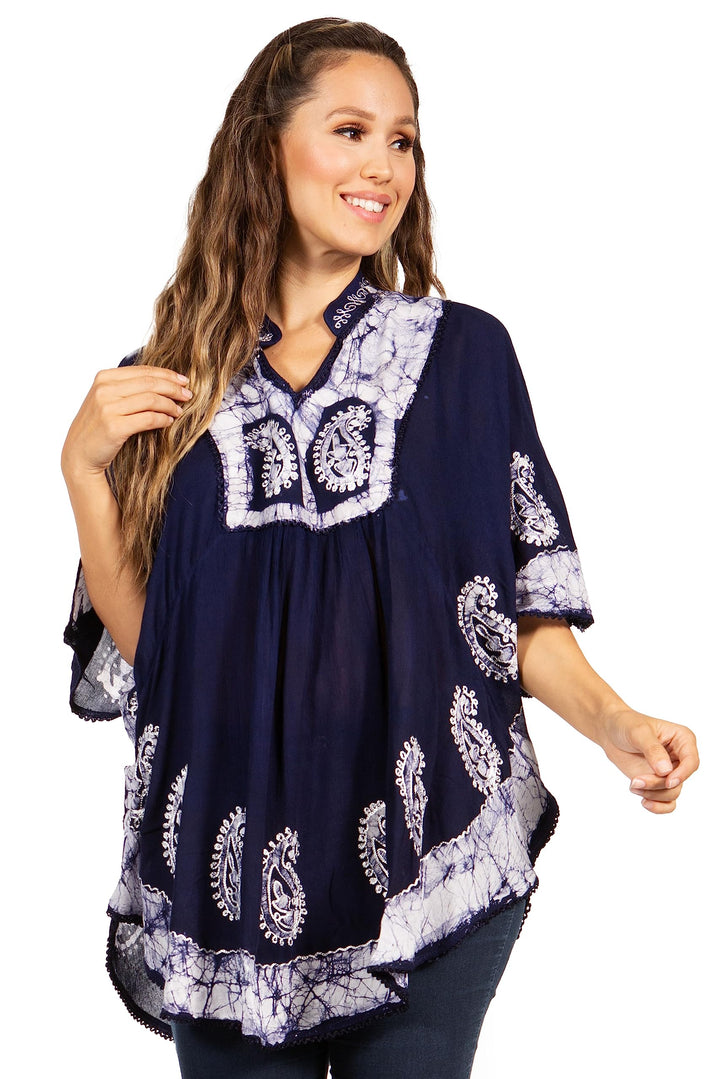 Sakkas Amori V-Ausschnitt Stickerei Poncho Top/vertuschen Einheitsgrösse Marine / Weiss, Einheitsgrö