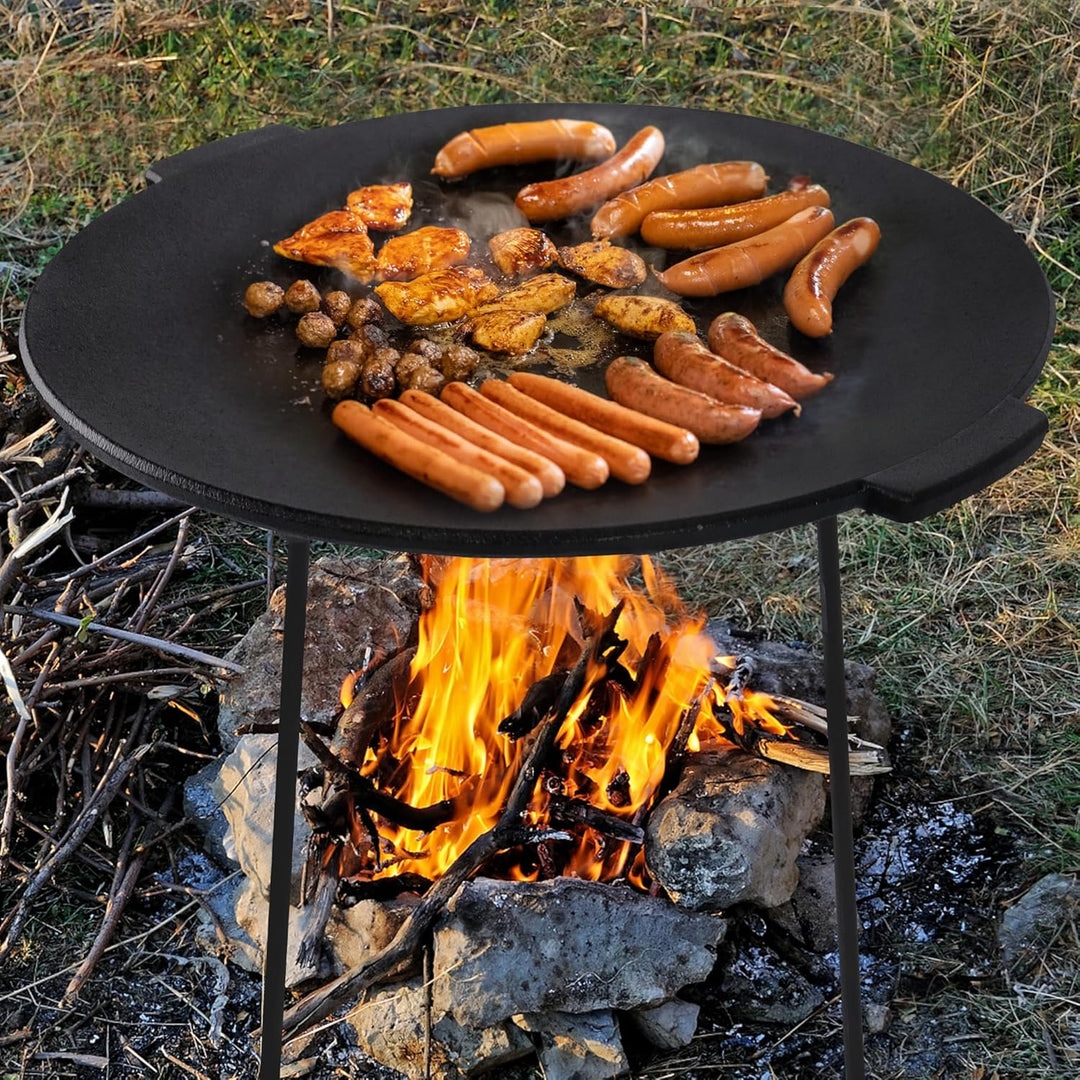 YRHome BBQ Gusseisen Grillplatte Rund Ø45 cm Dutch Oven Ständer Dreibein Grillplatte Grillpfanne mit