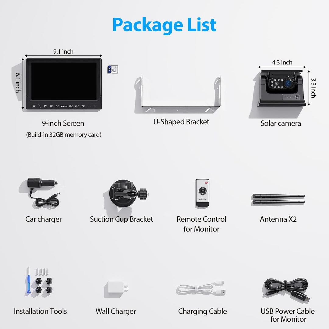 eRapta Magnetisch Solar Rückfahrkamera Kabellos, 1080P 9“ Touchscreen IPS Monitor & 1 Auto On Off Rü